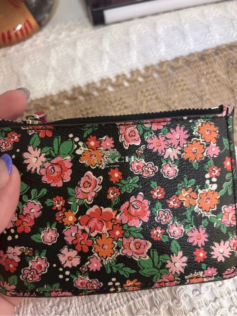 Coach Black Floral Keyring Zip Pouch