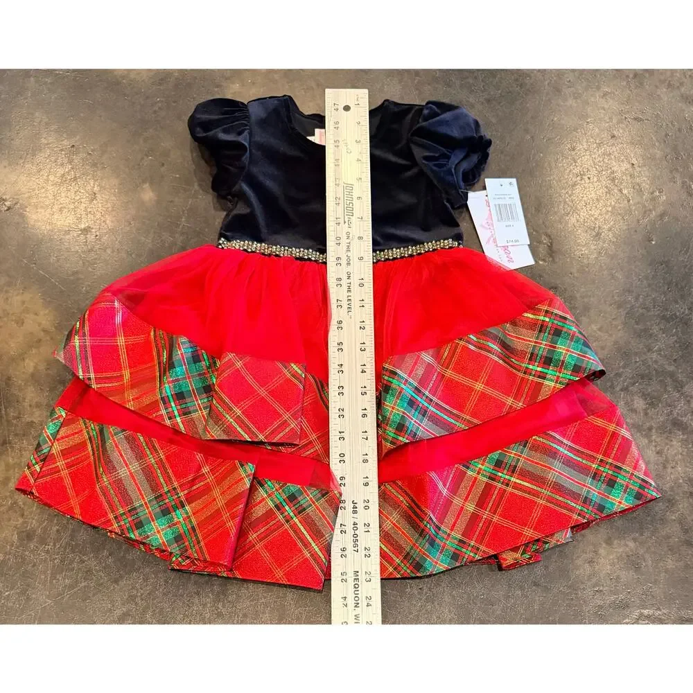 Bonnie Jean Red Velvet & Plaid Tiered Holiday Dress Girls New Christmas Size 4