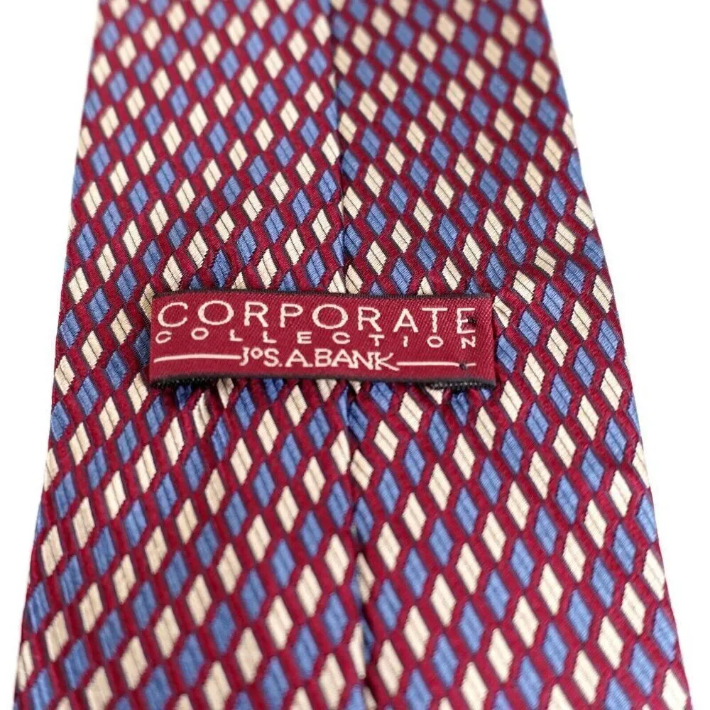Jos A Bank‎ Corporate Collection Burgundy Red Geometric Check Woven Silk Tie