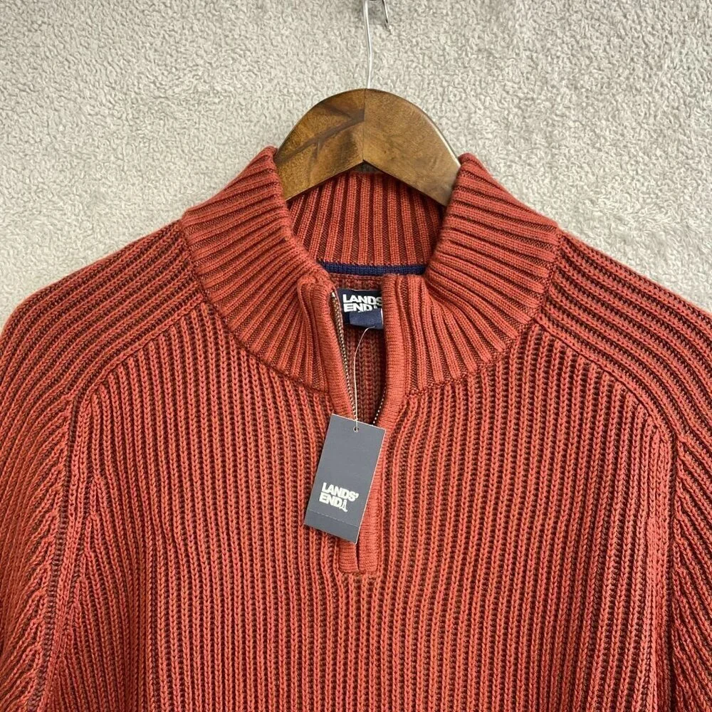 NEW Lands' End Drifter Men's L 1/4 Zip Ribbed Sweater Rust Red 100% Cotton