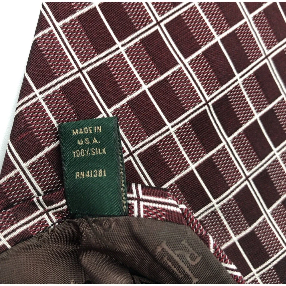 VTG Lauren Ralph Lauren Tie Burgundy Plaid Diamond 100% SILK Made USA Hand Finis