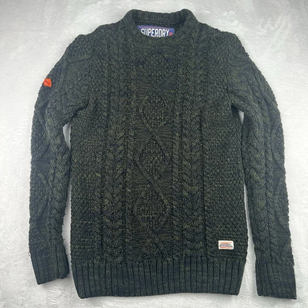 Superdry Mens Cable Knit Fisherman Sweater Olive Green Crewneck NE002 Size Large