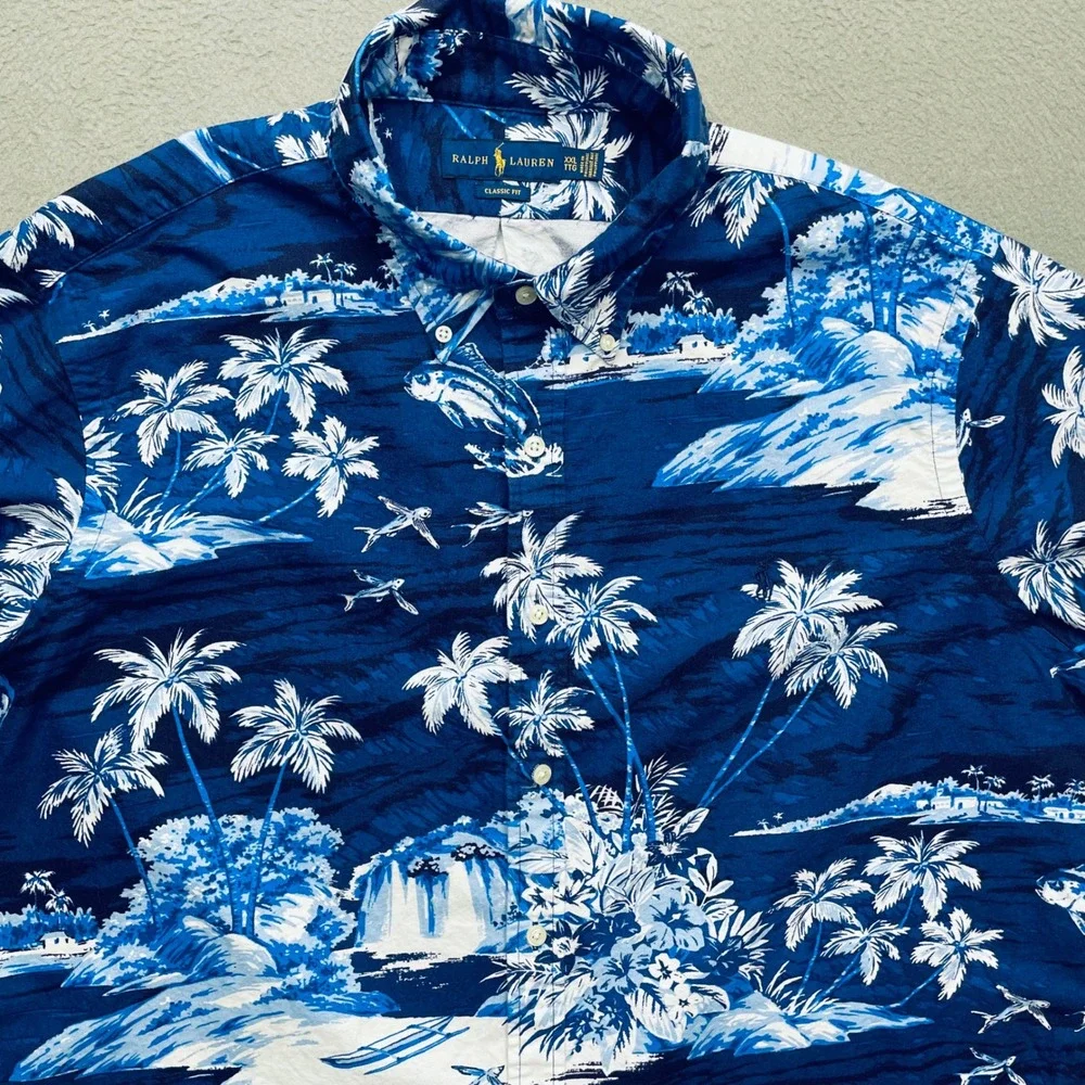 Polo Ralph Lauren Men Shirt Cotton Tropical Island Blue XXL Classic Fit Hawaiian