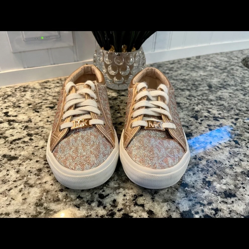 Michael Kors Girls Rose Gold Glitter Monogram Sneakers Size 13 Little Kid
