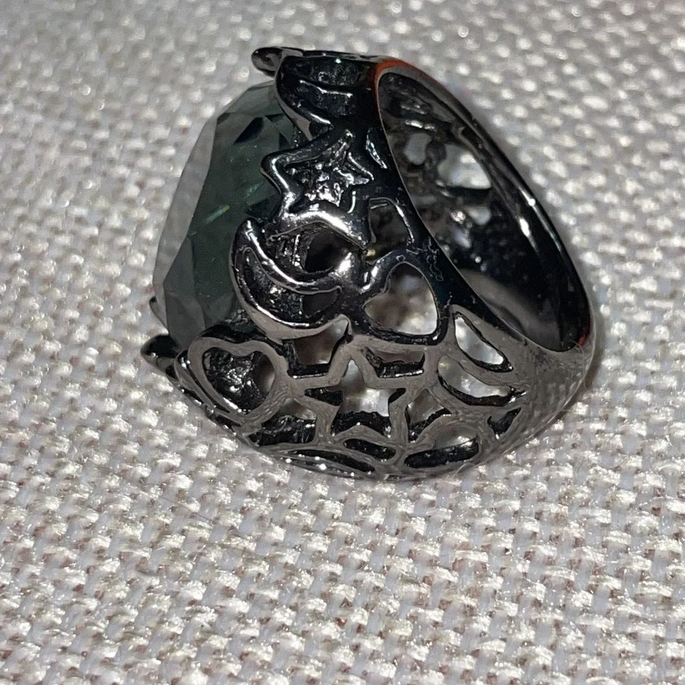 Black Dome Ring Dark Glam Goth Fantasy Hearts Stars Crescent Moon Celestial Sz 8