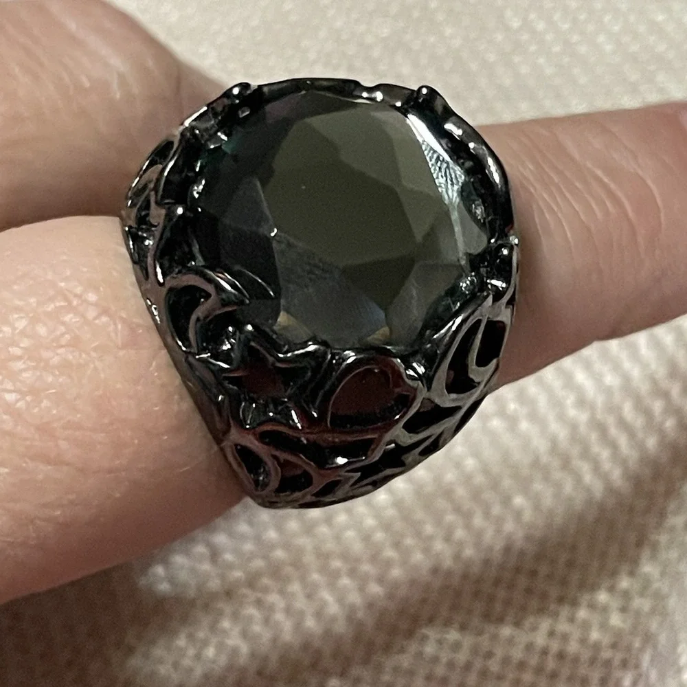 Black Dome Ring Dark Glam Goth Fantasy Hearts Stars Crescent Moon Celestial Sz 8