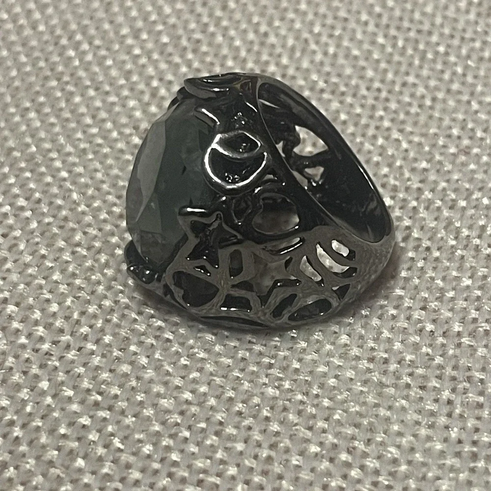 Black Dome Ring Dark Glam Goth Fantasy Hearts Stars Crescent Moon Celestial Sz 8