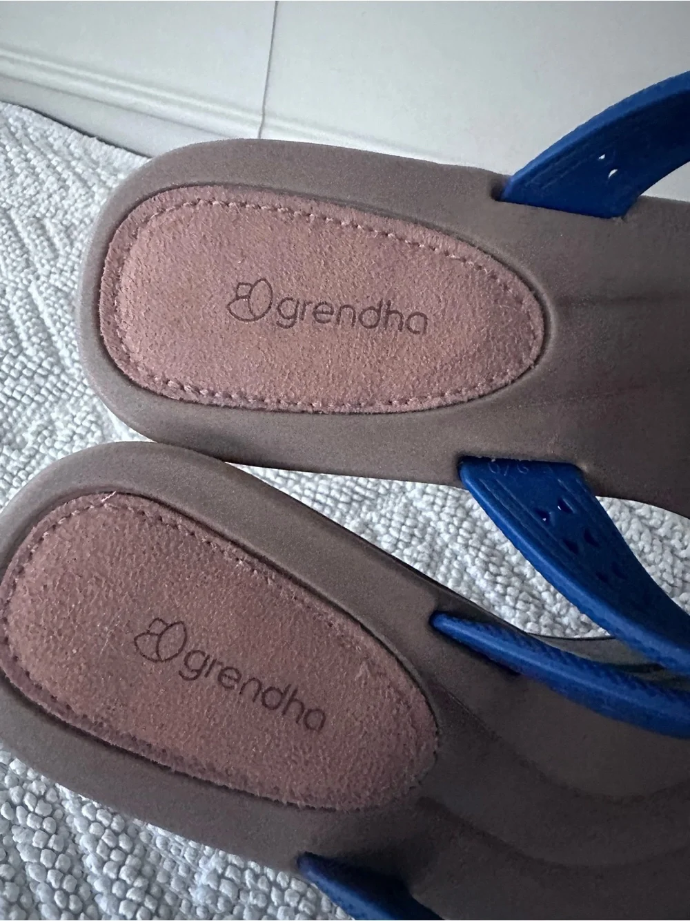 Grendha Wedge Thong Sandals in Navy and Tan with Decorative Accents
