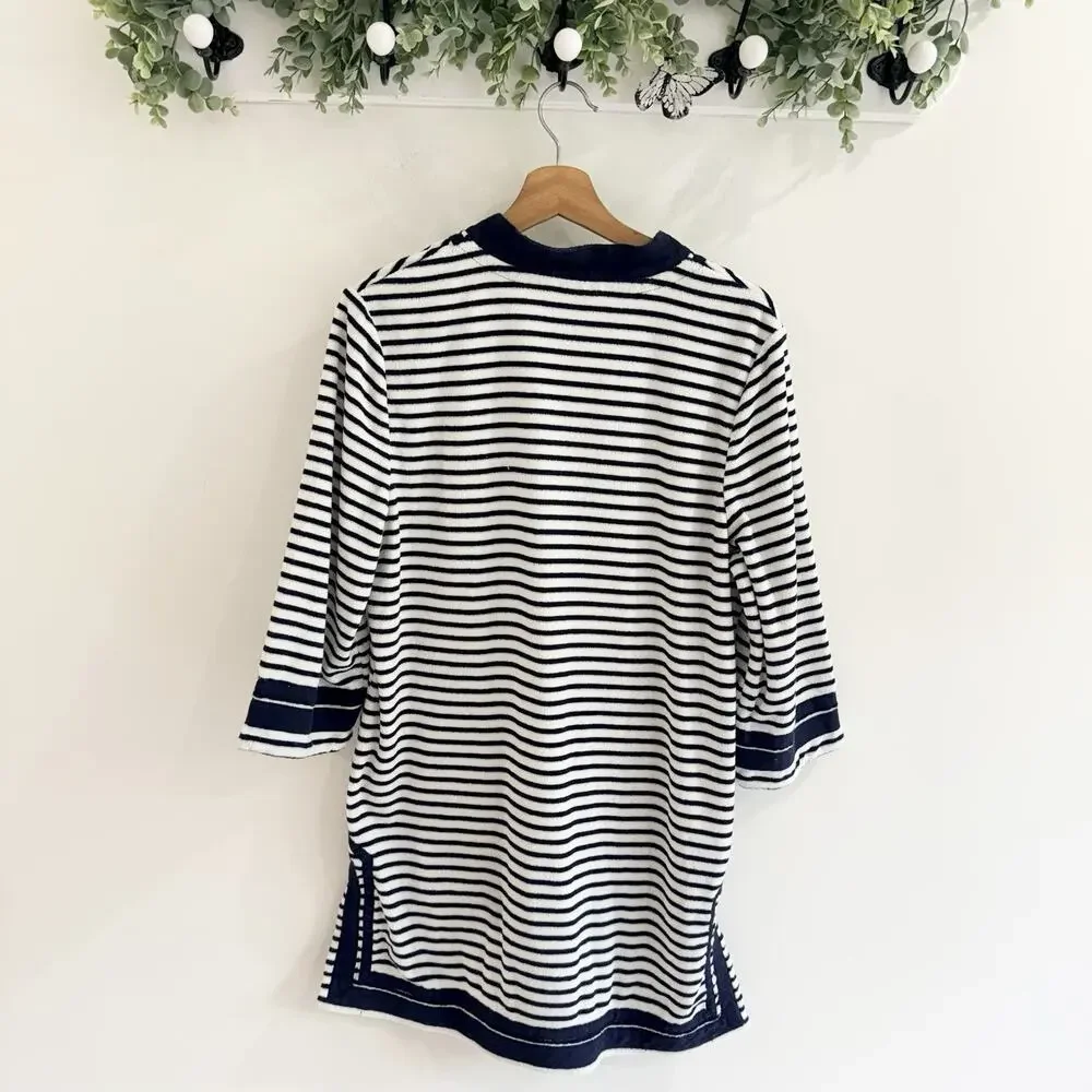 Tory Burch Navy/White Striped Tunic Terry Cloth swim coverup Size Large A5433