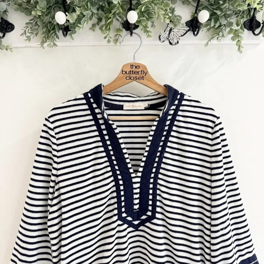 Tory Burch Navy/White Striped Tunic Terry Cloth swim coverup Size Large A5433