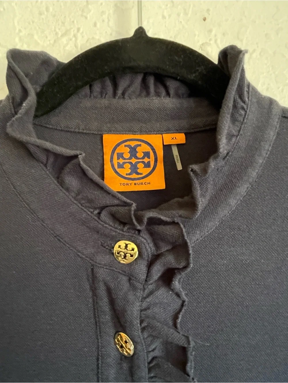 TORY BURCH LIDIA POLO SHIRT Navy Short-Sleeve Ruffle-Placket Polo XL