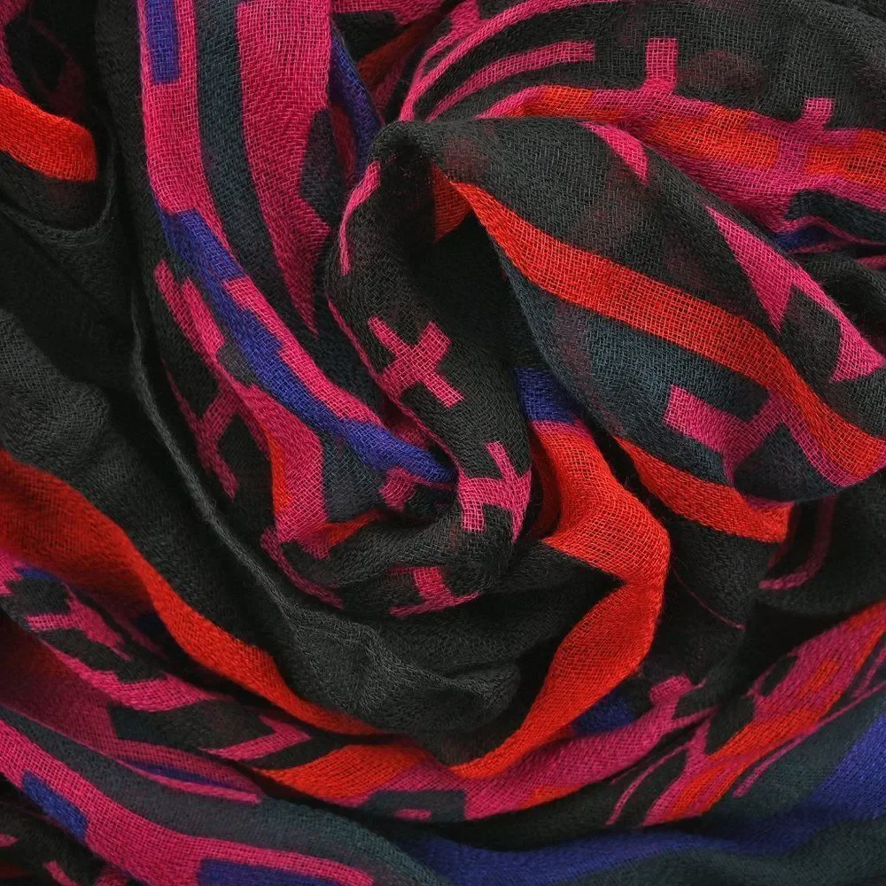 Black Southwestern Print Lightweight Oblong Scarf with Raw Fringe 3 For $30