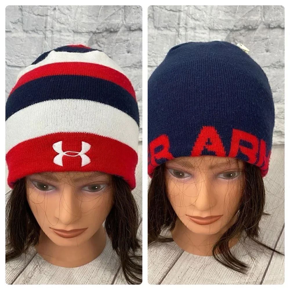 Under armour youth boys reversible winter beanie red white & blue