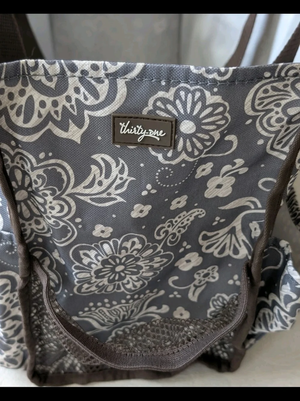 Thirty-One Floral Storage Basket Gray Rectangular Foldable With Handles 15x10x8