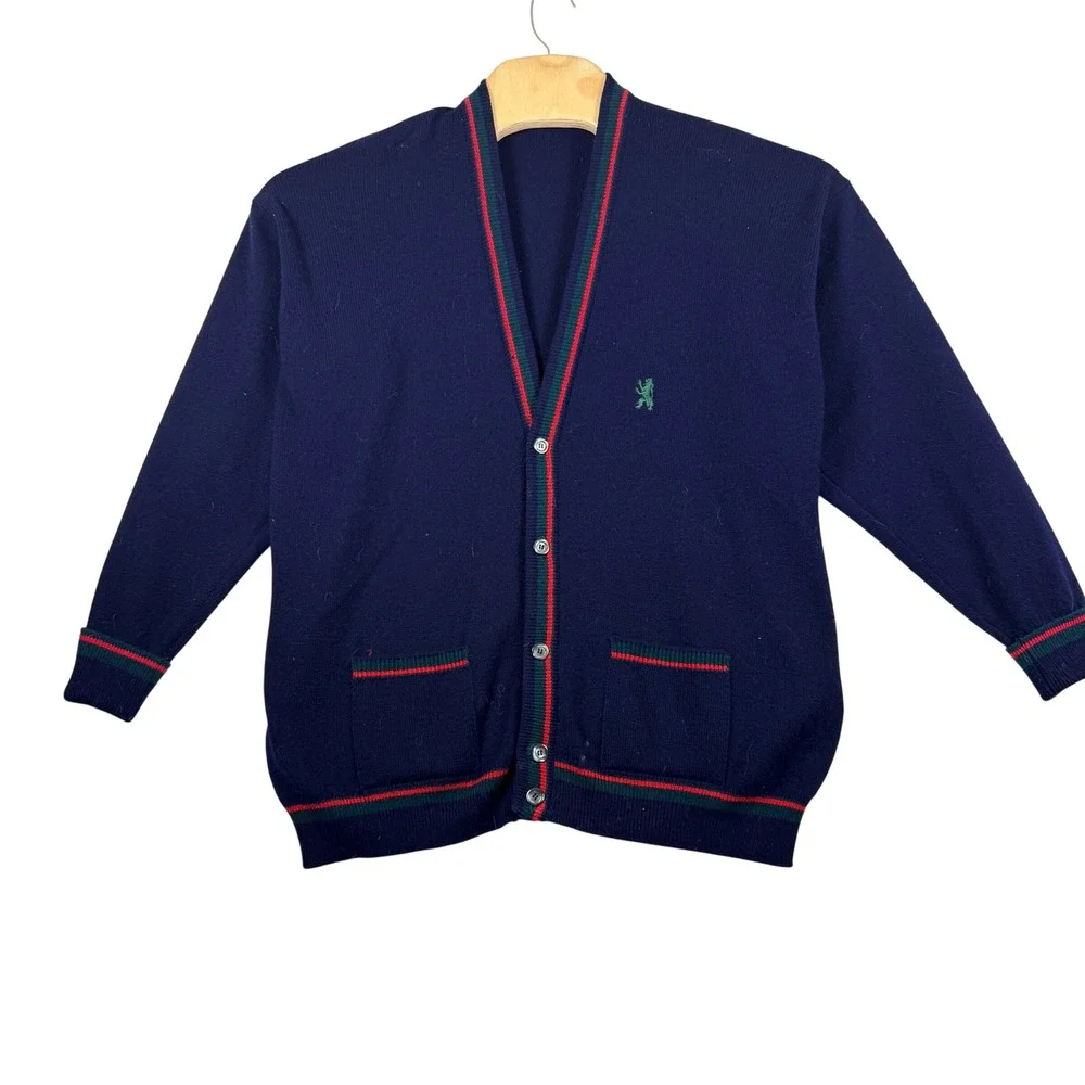 Windsor House Mens Navy Blue Wool Cardigan Sweater Striped Trim England XL