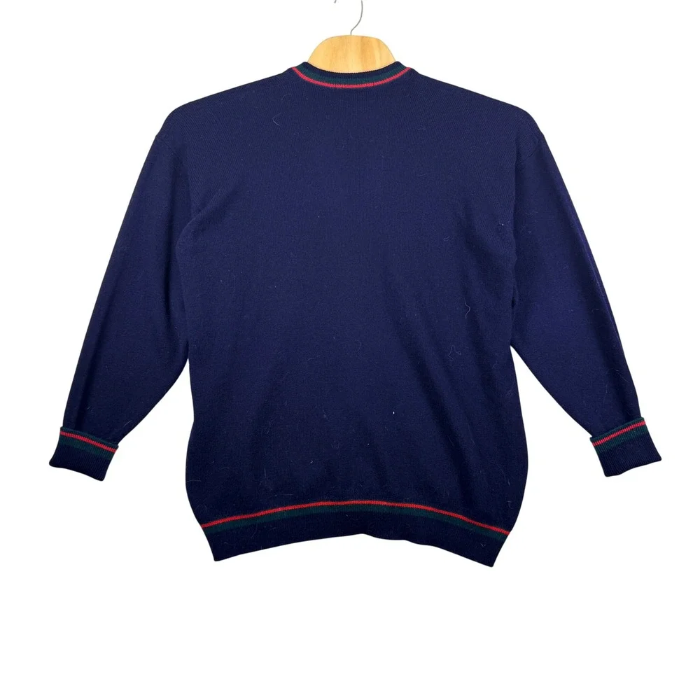Windsor House Mens Navy Blue Wool Cardigan Sweater Striped Trim England XL