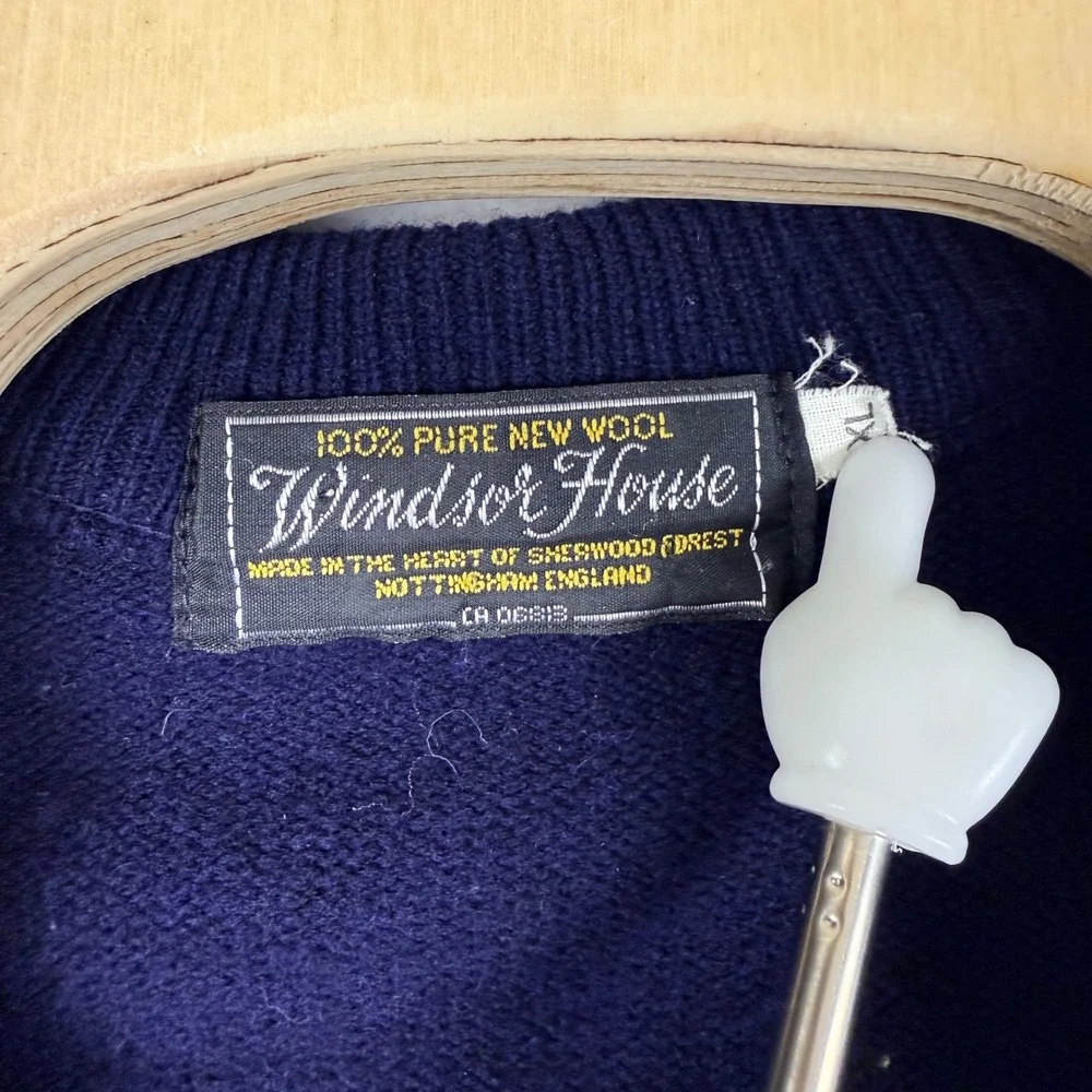 Windsor House Mens Navy Blue Wool Cardigan Sweater Striped Trim England XL