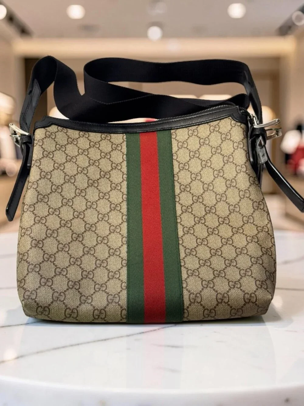 Gucci GG Supreme Web Crossbody Messenger Bag Beige Ebony