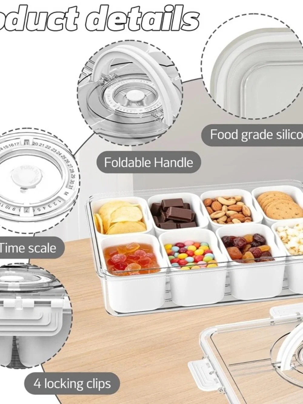 NEW - Divided Serving Tray with Lid and Handle,Time Recording 8 Compartments