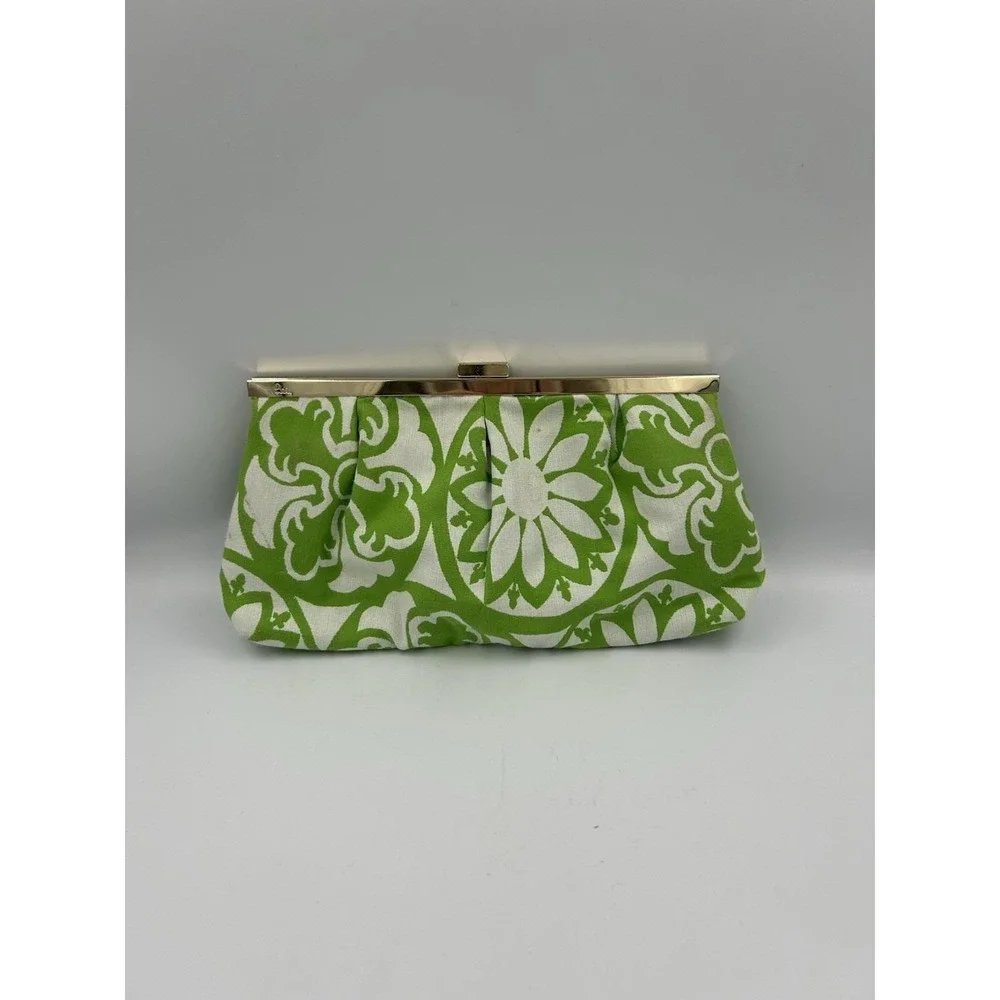 Vintage Lilly Pulitzer Clutch green & white floral print gold-tone metal frame