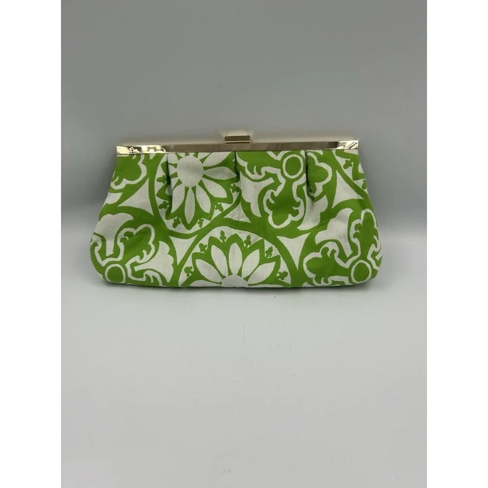 Vintage Lilly Pulitzer Clutch green & white floral print gold-tone metal frame