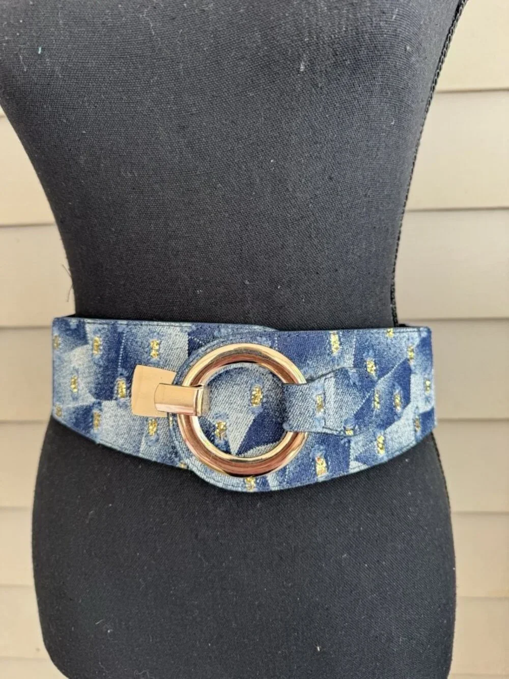 Women Blue Stretch Wide Faux Leather Wide Fabric Belt Gold Hook Buckle Size M