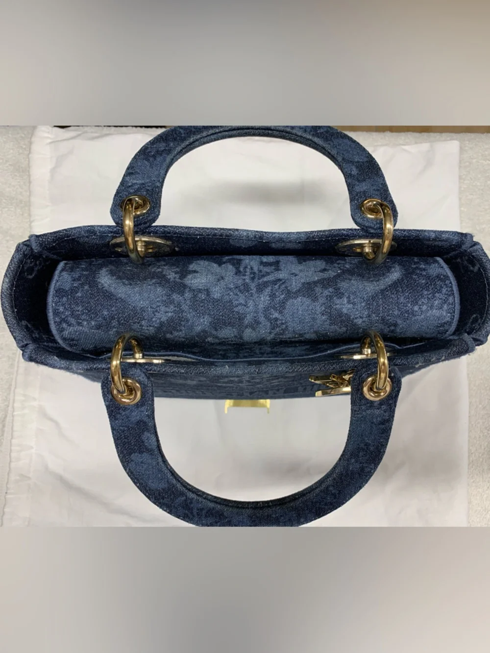 Christian Dior Lady D-Lite Floral Medium Blue Denim Bag
