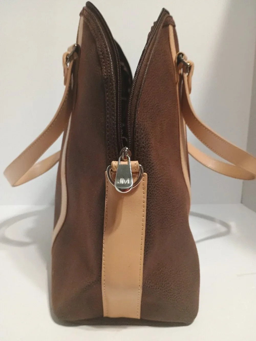 JM New York Brown Pebbled Faux Leather Large Dome Tote Shoulder Bag Beige Trim