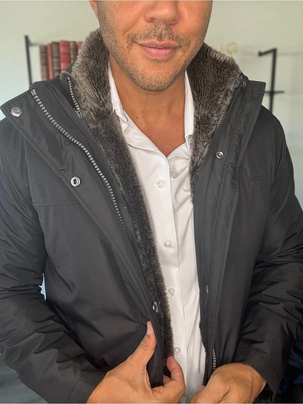 Men's Black Faux Fur-Lined Winter Coat - Classic Parka