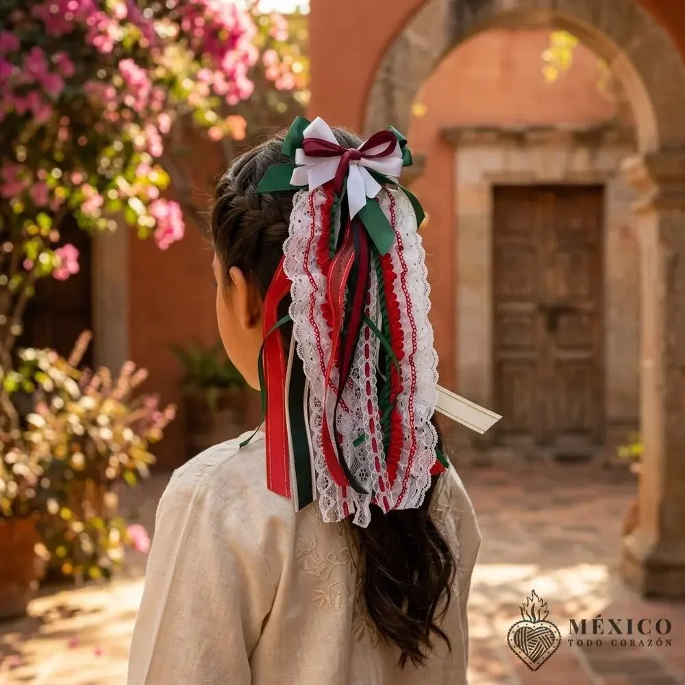 Mexican hair clip tri color lace and ribbon red green and white