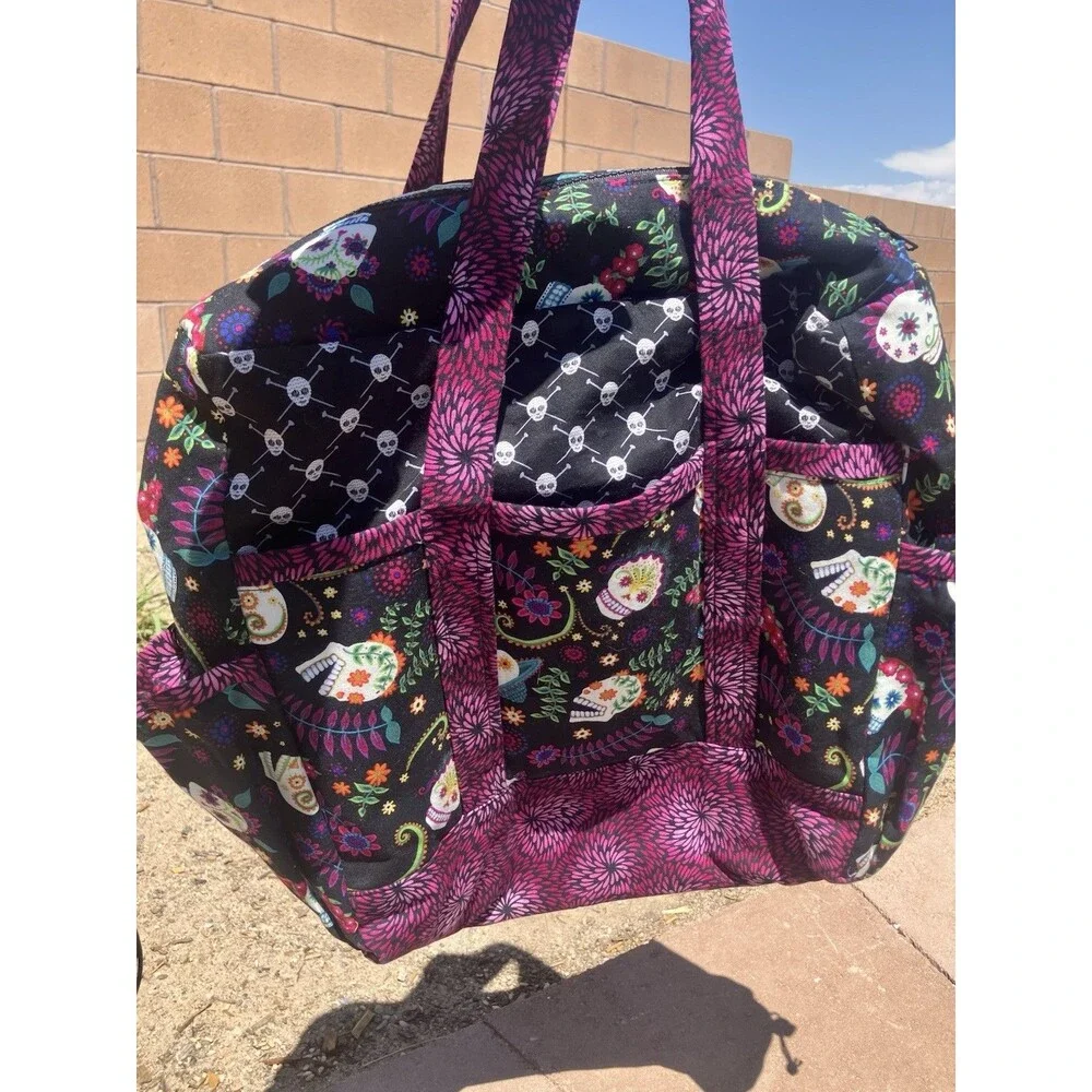 Large Knitting Tote Travel Bag Day Of The Dead Multiple Pockets 2 Straps