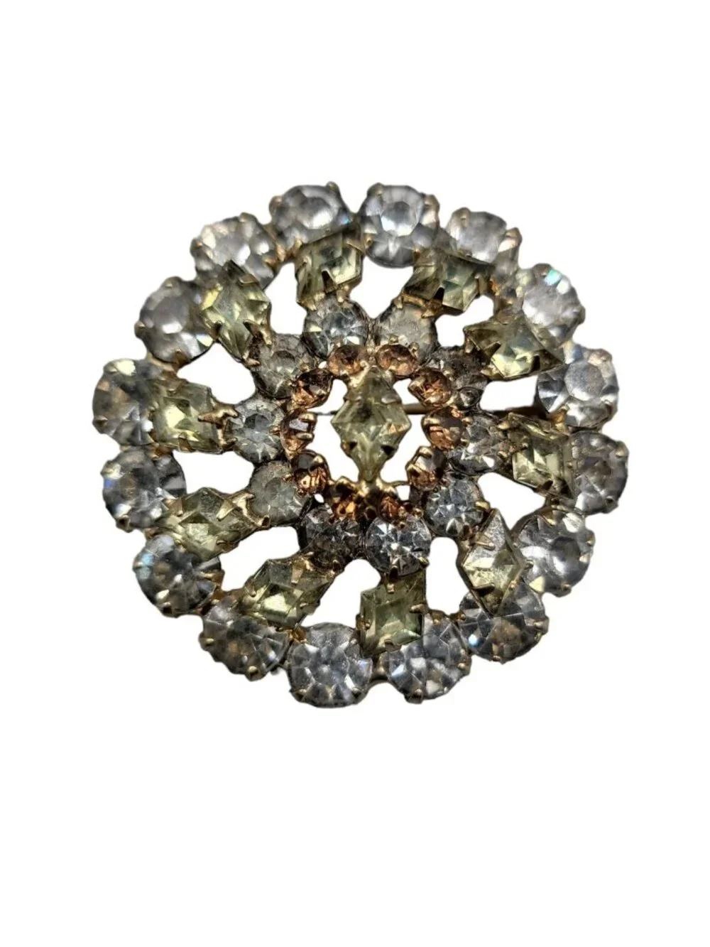 MCM Layered Cluster Brooch Round Crystal Navette Rhinestone Pin Unsigned Vintage