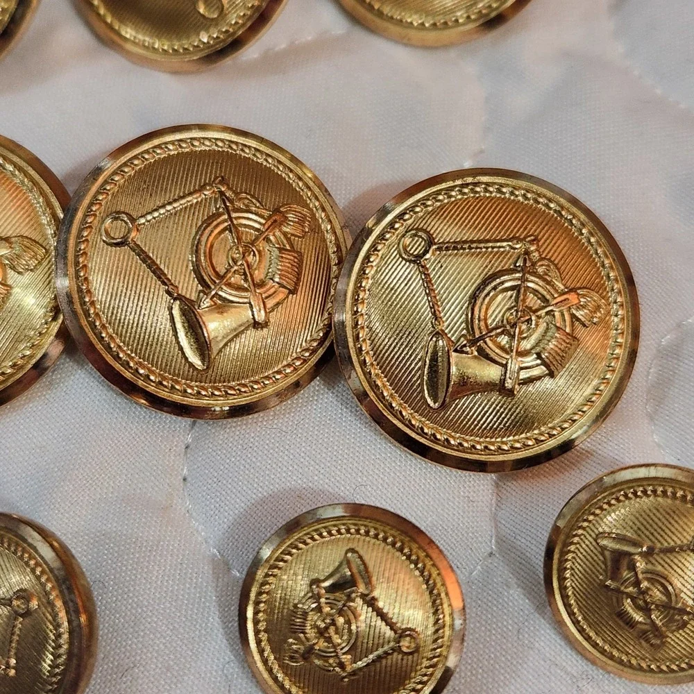 Set of 14 Waterbury Gold FOX HUNTING BLAZER BUTTONS French Horn Shank Equestrian