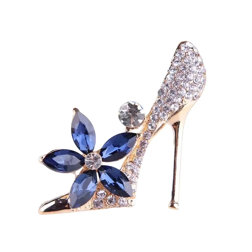 Blue Crystal Flower Stiletto High Heel Brooch Gold Tone Rhinestone Fashion Pin