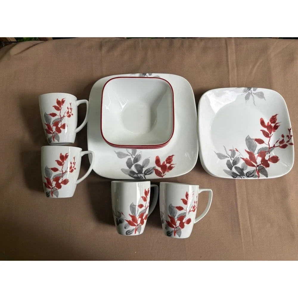 Corelle Kyoto Leaves 15 Pc Square Set 3 Dinner Plates 4 Luncheon 4 Bowls 4 Mugs