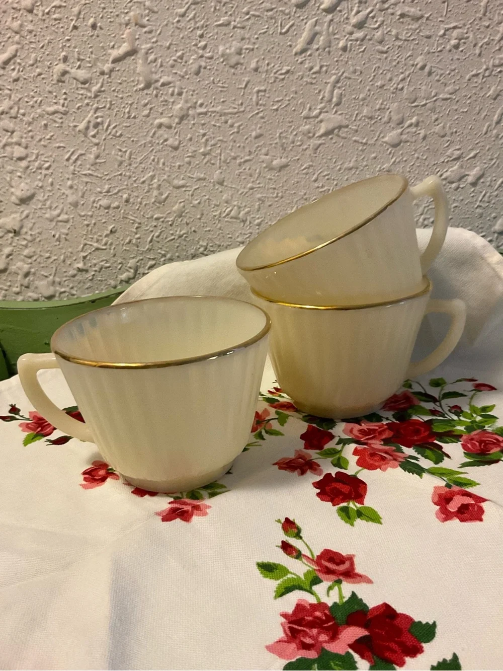 Uranium Milk Glass Vintage Set of 3 Cup Mug Paneled Coffee Tea