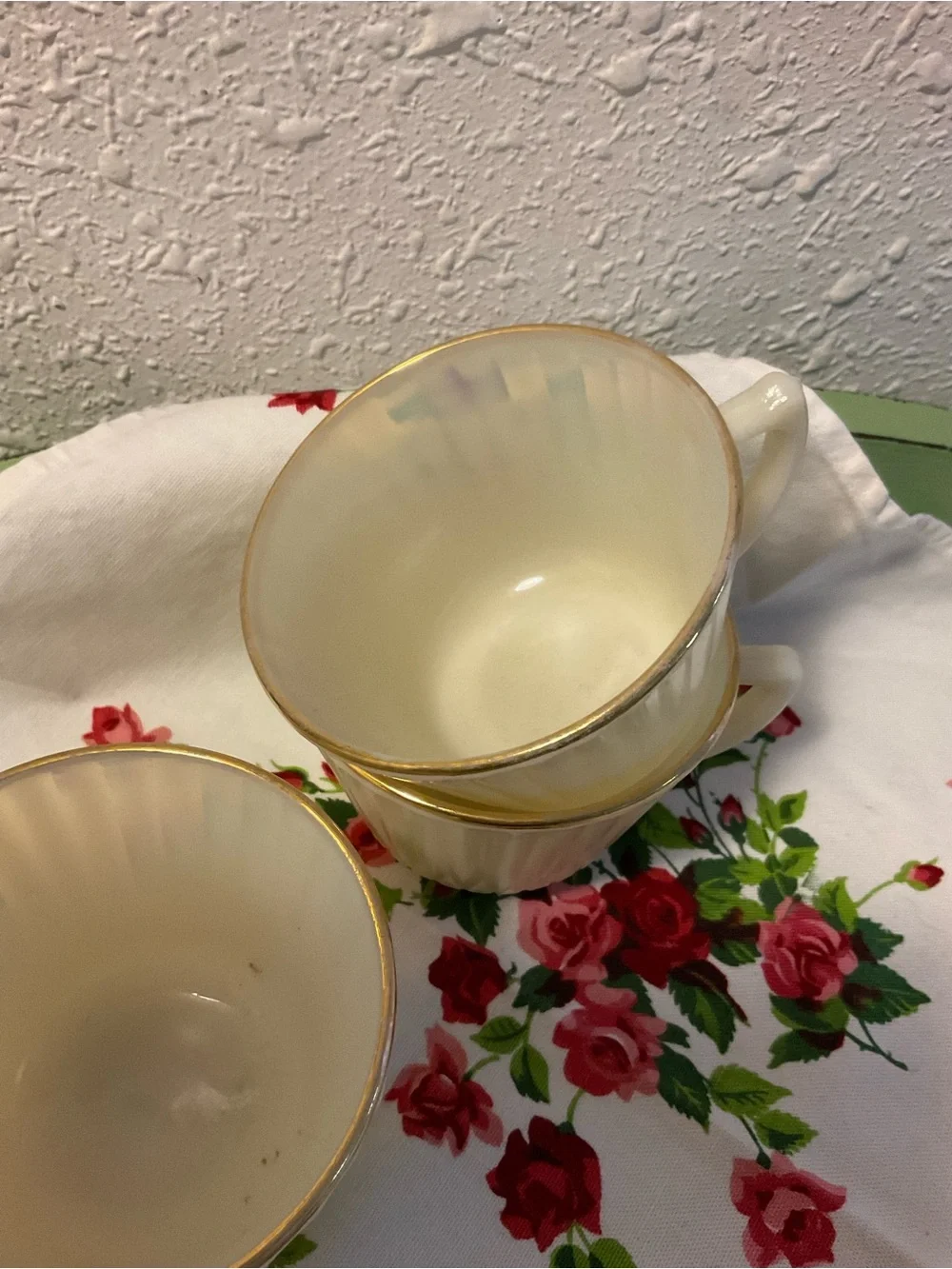 Uranium Milk Glass Vintage Set of 3 Cup Mug Paneled Coffee Tea