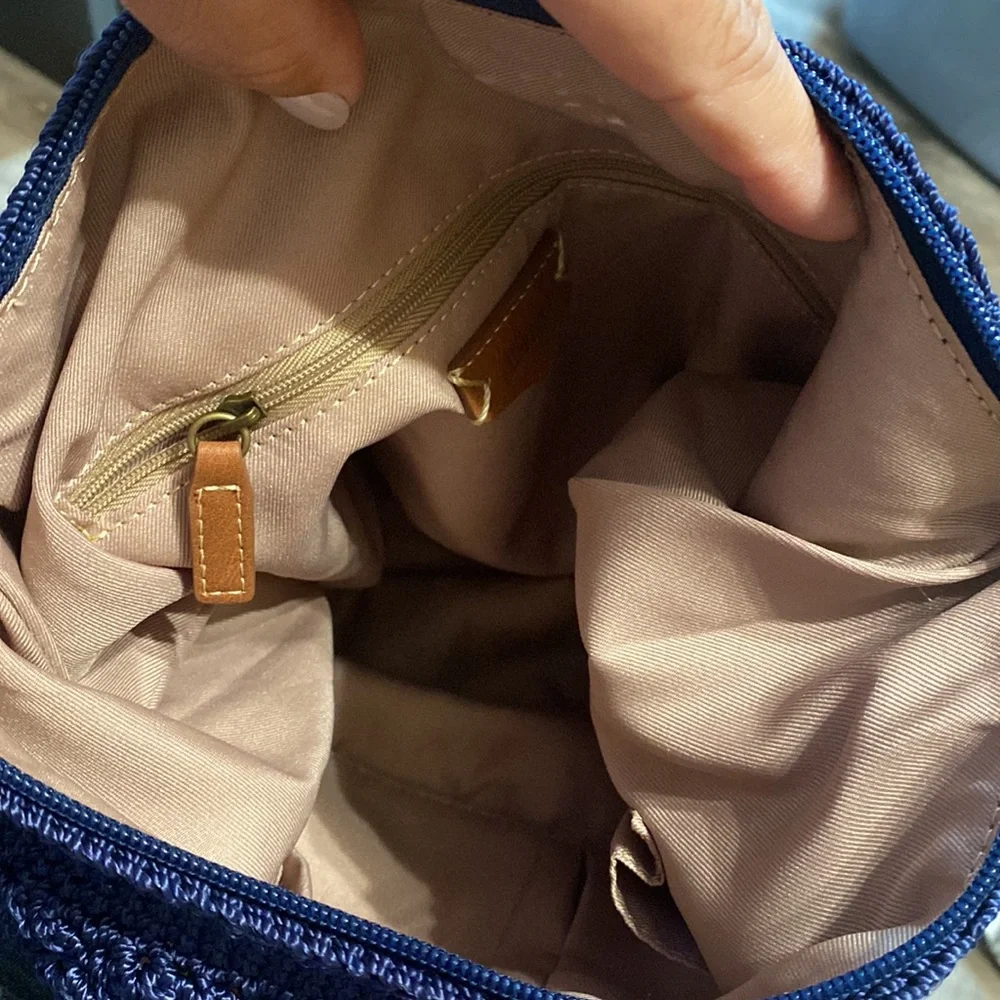 The Sak Navy Crochet Shoulder Bag with Brown Leather Straps