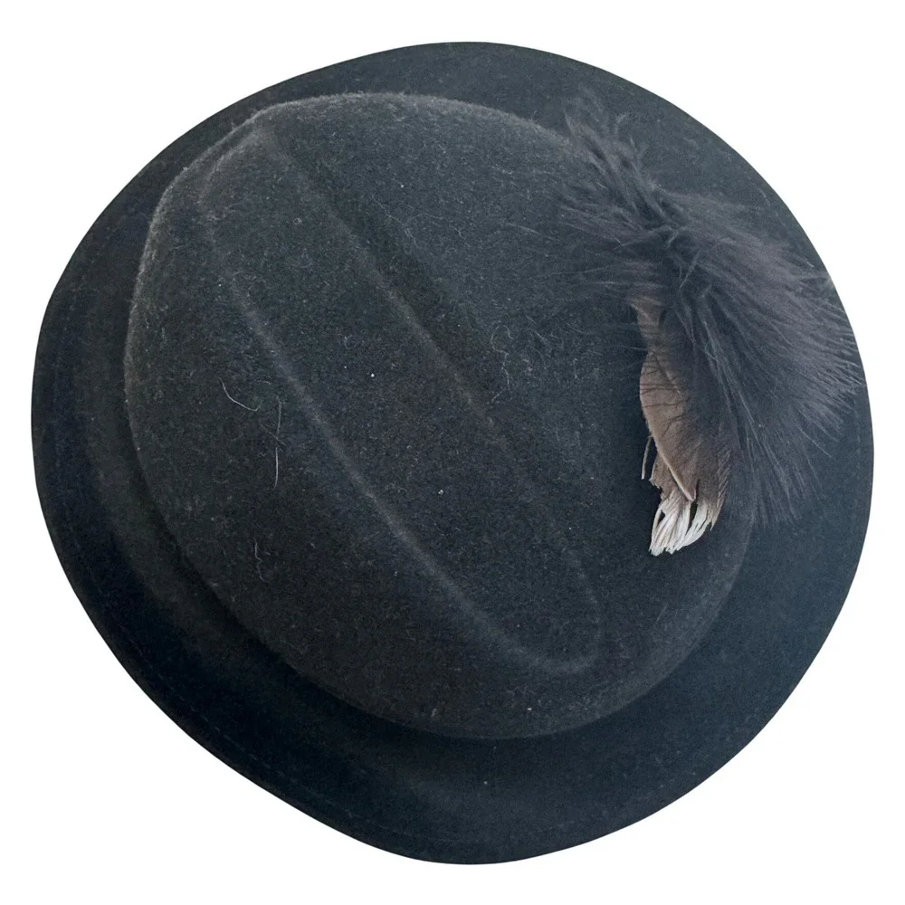 Vintage Lancaster Black 100% Wool Fedora Hat Feather Accent Made USA Unisex