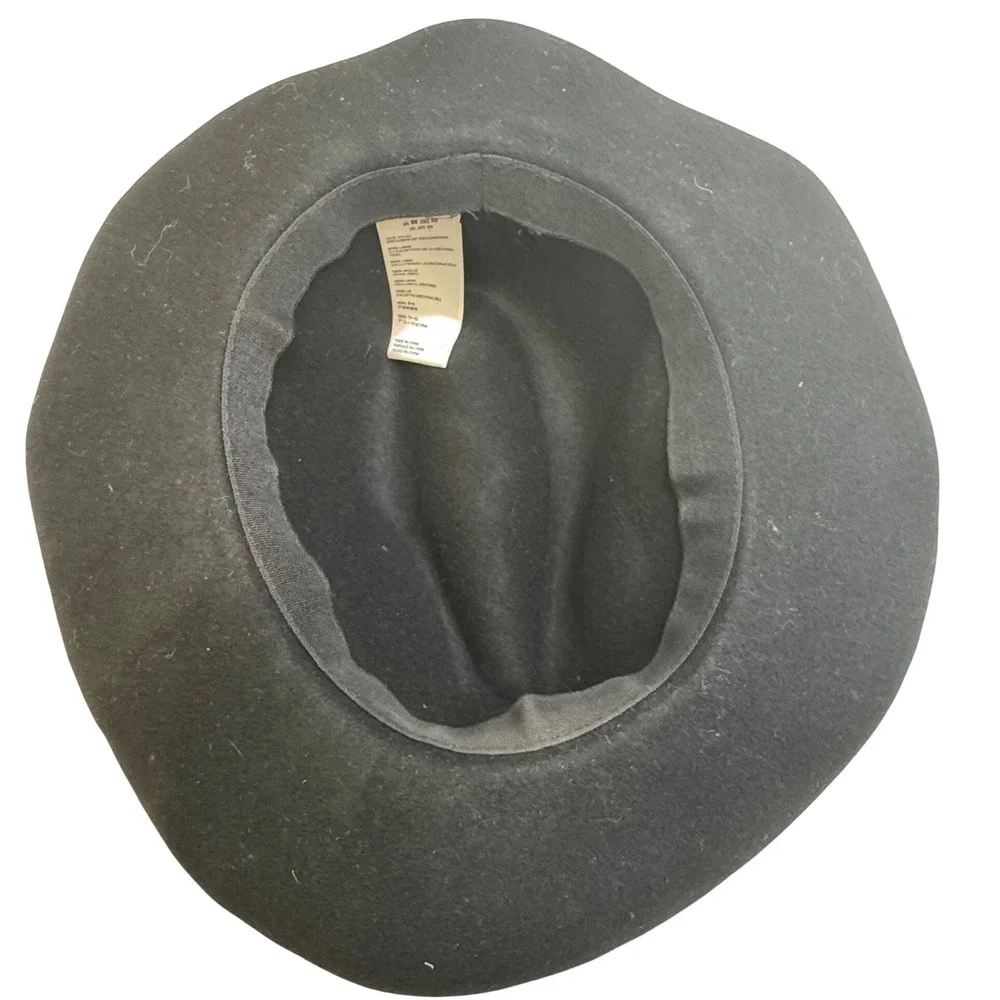 Black 100% Wool Fedora Hat Braided Metallic Gold Trim Boho Wide Brim Flat Top