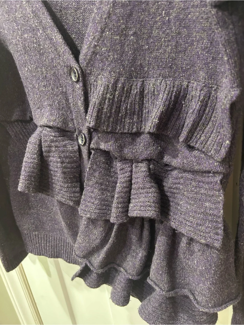 Anthropologie Moth Ruffle Cardigan Sweater Purple Wool Blend Size L Romantic
