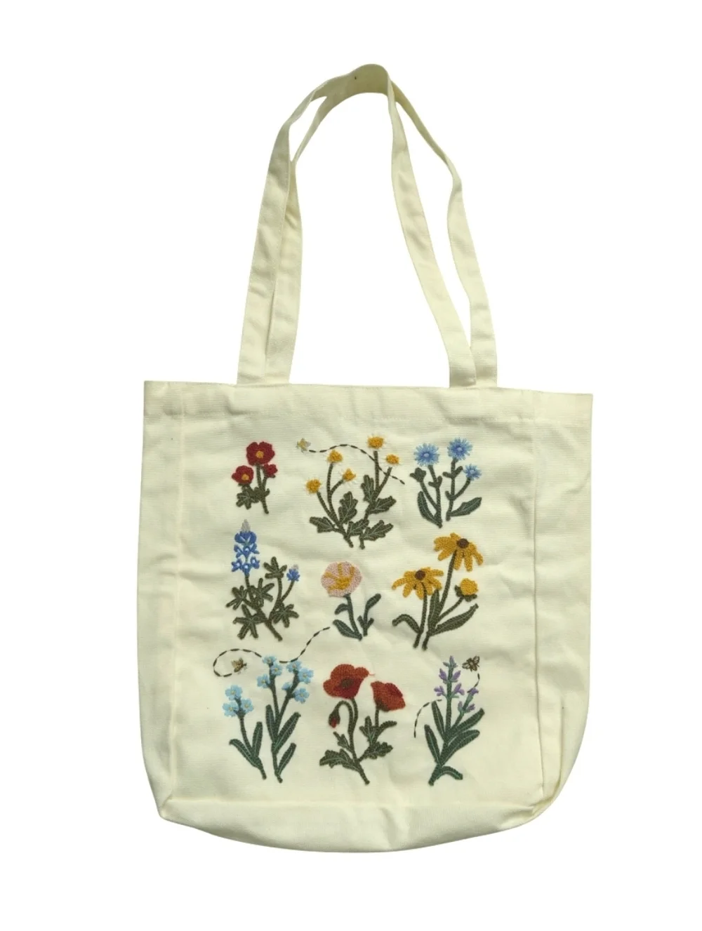 Canvas Embroidered  Wildflower Floral Tote Bag Cream New