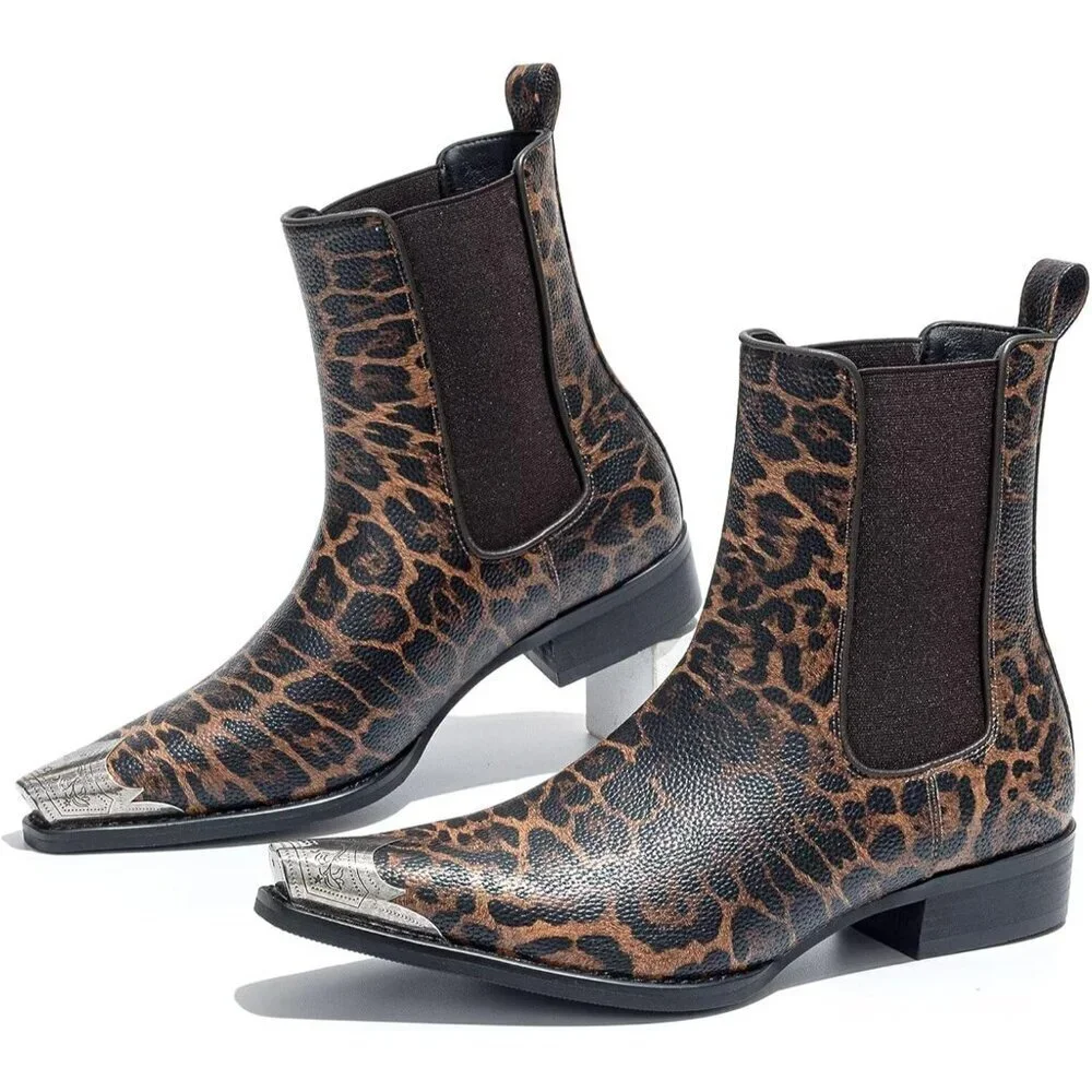 Men’s Brown Chelsea Pointed Metal Toe Leopard Print Ankle Street Style Boots
