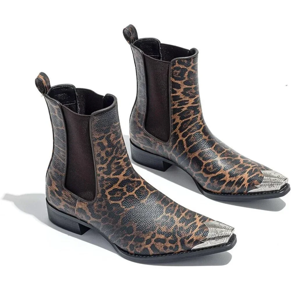 Men’s Brown Chelsea Pointed Metal Toe Leopard Print Ankle Street Style Boots