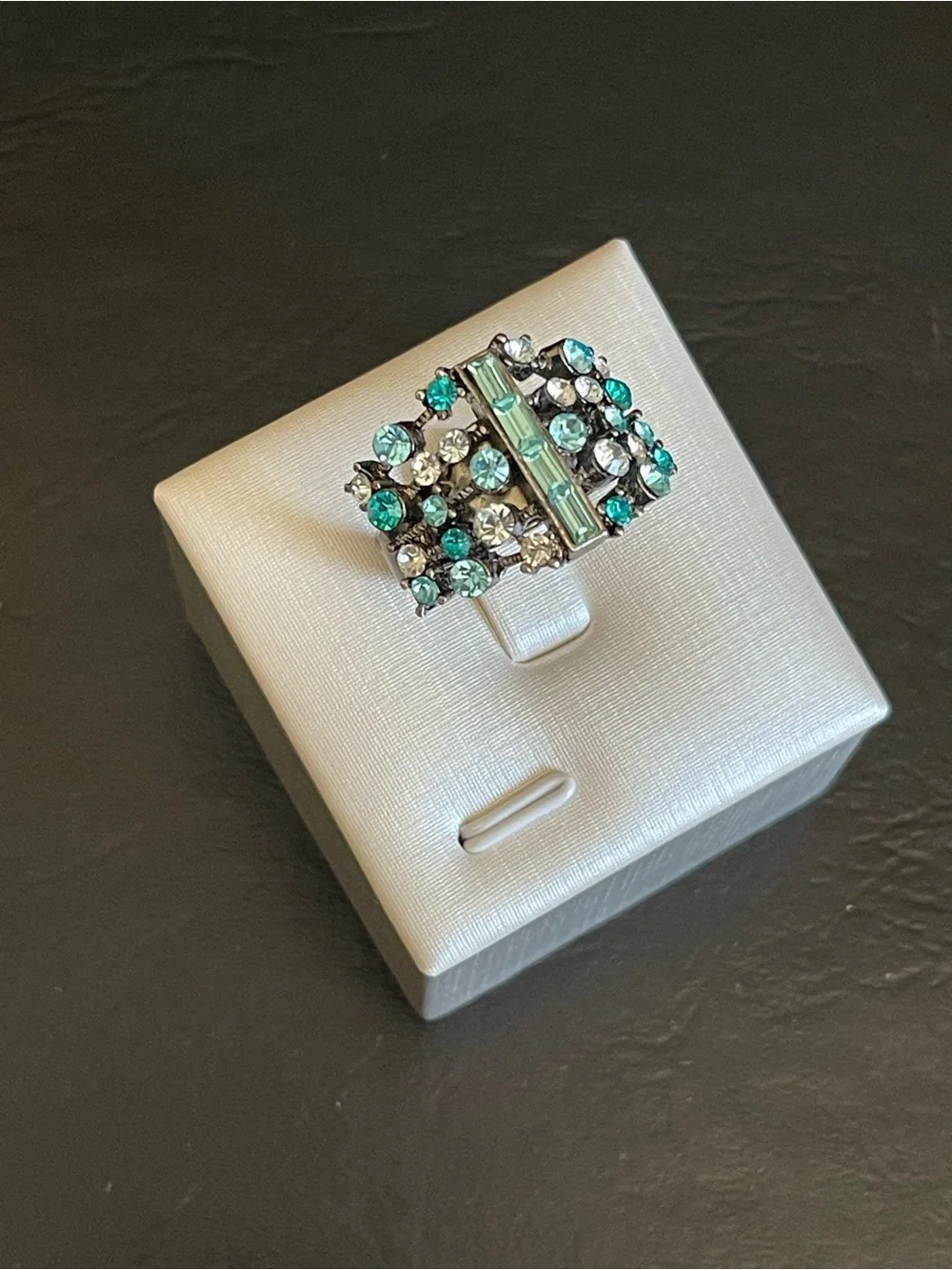 Black silver tone Rhinestone Statement Ring .