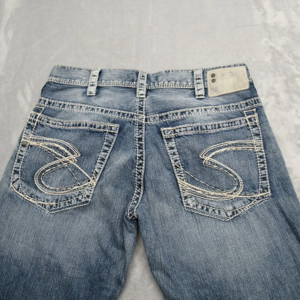 Silver Baggy Jeans Mens 34x26 Gordie Relaxed Faux Selvedge Fade Whisker Wide Leg
