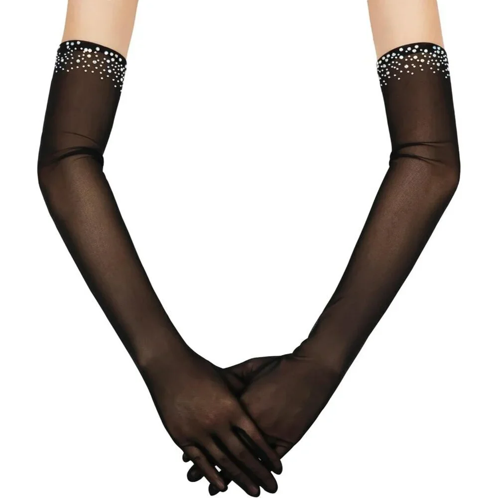 Women's Sexy Pearl Beaded Dark Green Long Gloves Tulle Mesh Wedding Party Prom