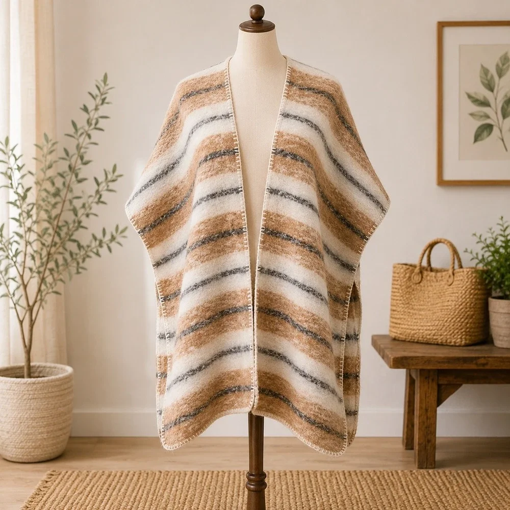 Unbranded Striped Open Front Poncho Wrap Women OS Tan Cream Grey Blanket Shawl