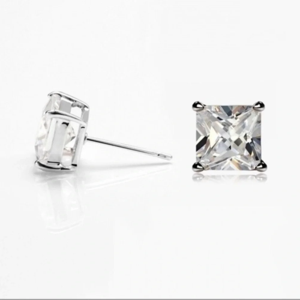 14k White Gold Princess Cut Earrings Studs Unisex 1.5 Total Carat