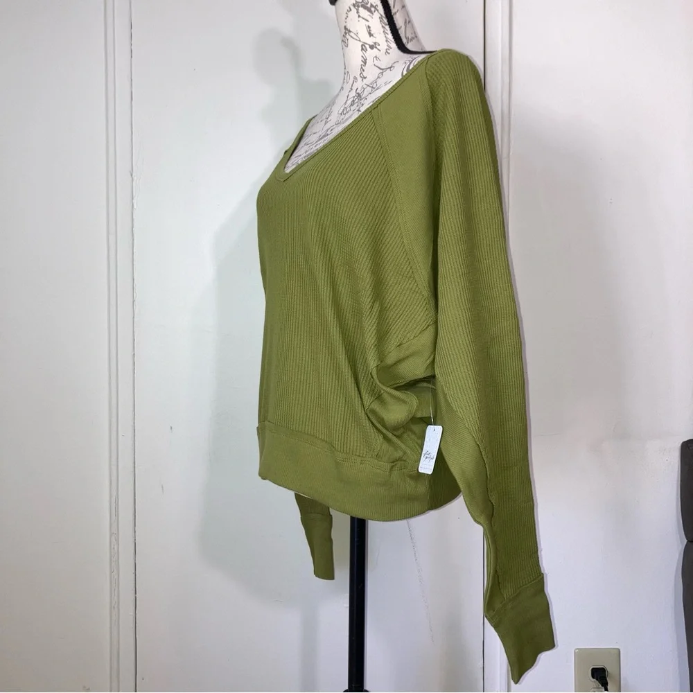 Free People Santa Clara Thermal Top Green Long Sleeve Top 100% Cotton